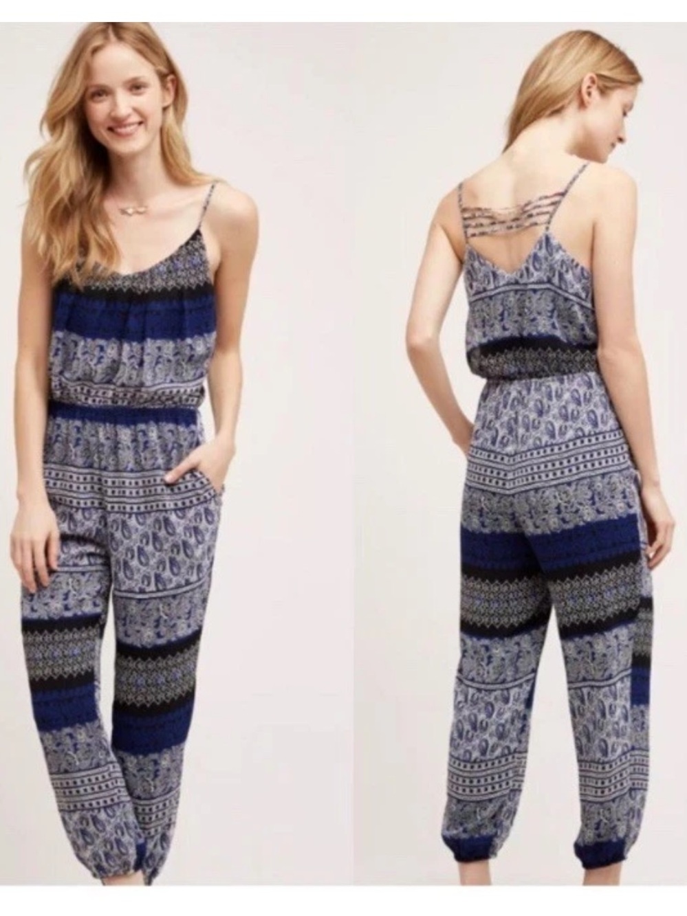 Greylin Anthropologie Jumpsuit Romper Medium Blue Paisley Cami Strappy Pockets